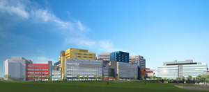 An architectural drawing of the MUHC Glen site as seen from the Ville-Marie Expressway. The Montreal Children’s Hospital will occupy Block A and Block B (far left).